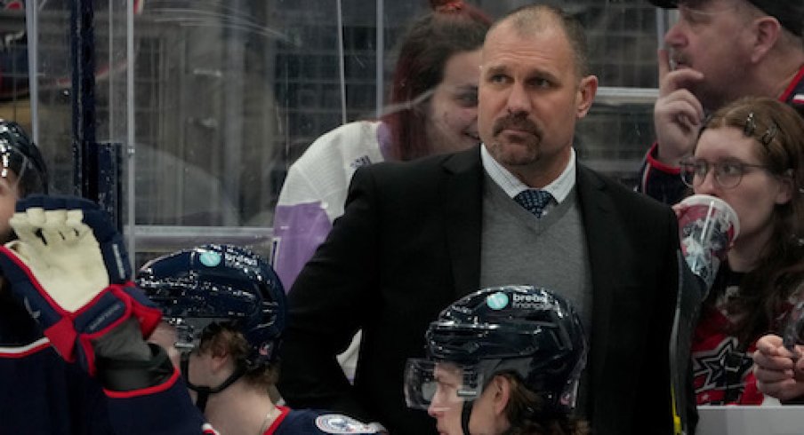 Columbus Blue Jackets head coach Brad Larsen looks on during the first period against the Ottawa Senators at Nationwide Arena.