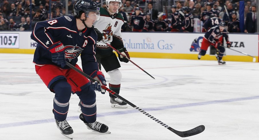 Zach Werenski skates against the Arizona Coyotes