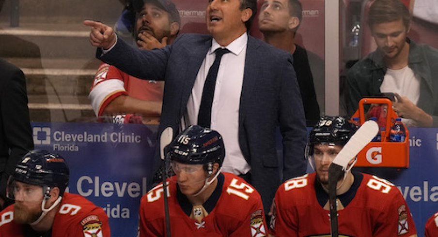 Florida Panthers interim head coach Andrew Brunette gestures from the bench during the third period of game five of the first round of the 2022 Stanley Cup Playoffs against the Washington Capitals at FLA Live Arena.