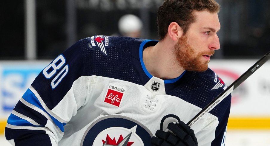 Pierre-Luc Dubois skates before a playoff game for the Winnipeg Jets