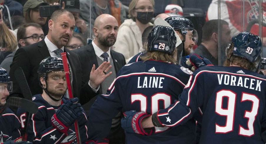 Columbus Blue Jackets head coach Brad Larsen talks with his team during a time out in the third period against the St. Louis Blues at Nationwide Arena.