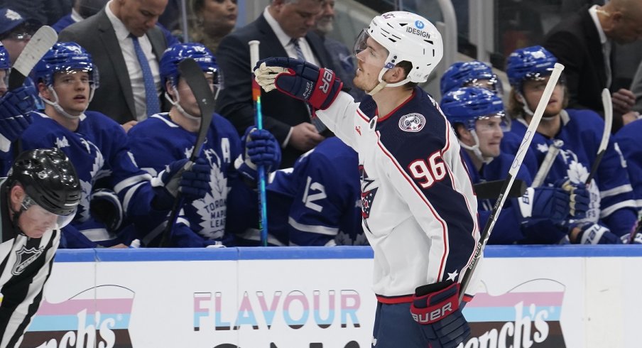 Jack Roslovic celebrates his goal against the Toronto Maple Leafs 