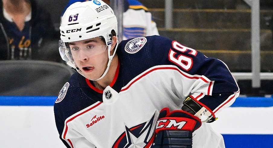 Columbus Blue Jackets forward Jordan Dumais (69) in action against the St. Louis Blues during the second period at Enterprise Center.