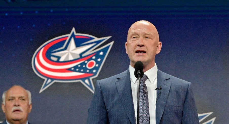 Columbus Blue Jackets general manager Jarmo Kekalainen announces David Jiricek (not pictured) as the number six overall pick to the Columbus Blue Jackets in the first round of the 2022 NHL Draft at Bell Centre.
