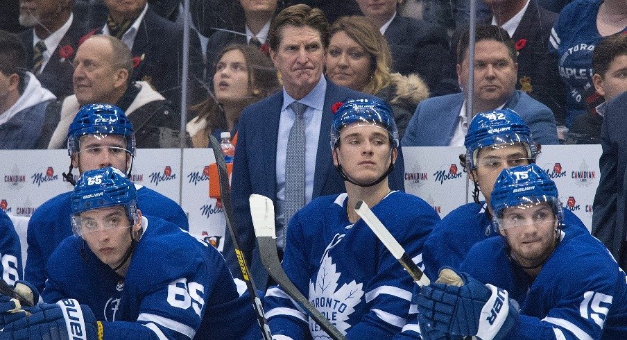 Toronto Maple Leafs head coach Mike Babcock watches the play during the second period against the Philadelphia Flyers at Scotiabank Arena.