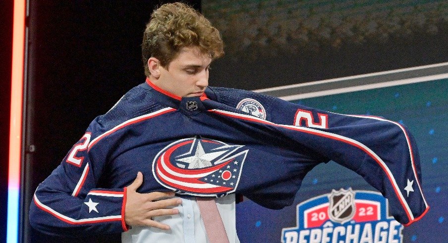 Denton Mateychuk after being selected as the number twelve overall pick to the Columbus Blue Jackets in the first round of the 2022 NHL Draft at Bell Centre.