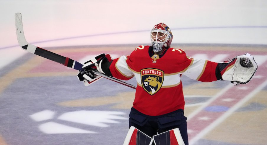 Florida Panthers' Sergei Bobrovsky takes the ice prior to game four of the Eastern Conference Finals of the 2023 Stanley Cup Playoffs against the Carolina Hurricanes at FLA Live Arena.