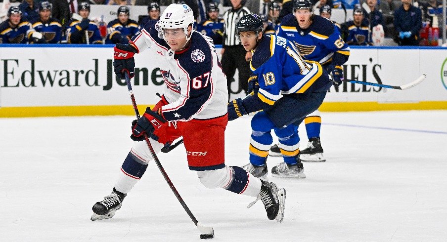 Columbus Blue Jackets forward James Malatesta (67) shoots against the St. Louis Blues during the first period at Enterprise Center.
