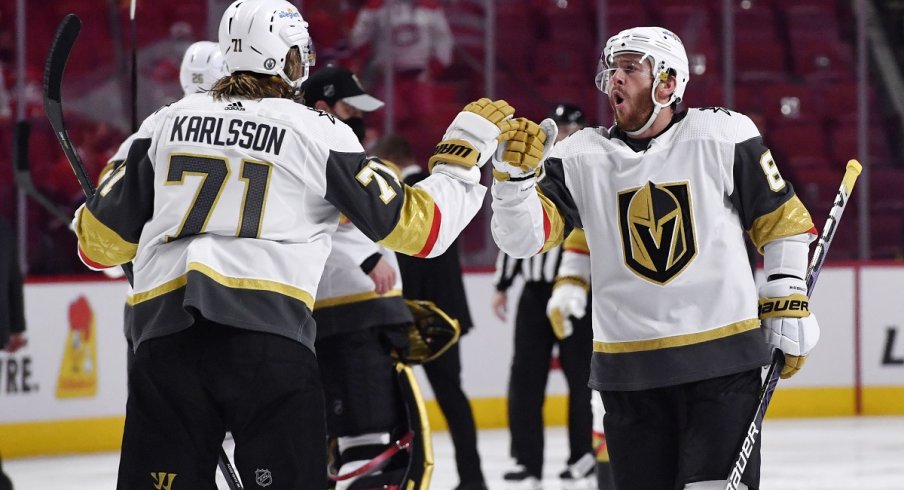 William Karlsson and forward Jonathan Marchessault celebrate together