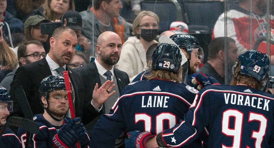 Columbus Blue Jackets head coach Brad Larsen talks with his team during a time out in the third period against the St. Louis Blues at Nationwide Arena.