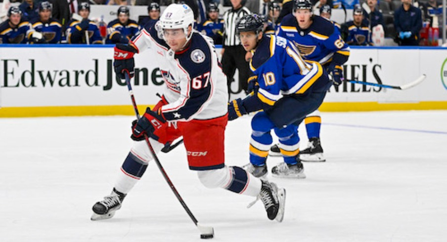 Columbus Blue Jackets forward James Malatesta (67) shoots against the St. Louis Blues during the first period at Enterprise Center.