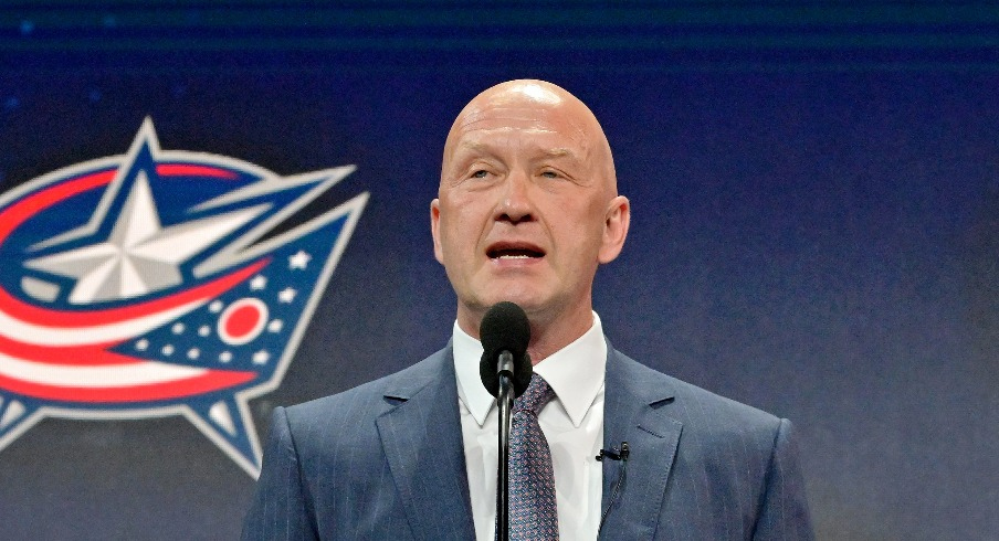 Columbus Blue Jackets general manager Jarmo Kekalainen announces David Jiricek (not pictured) as the number six overall pick to the Columbus Blue Jackets in the first round of the 2022 NHL Draft at Bell Centre