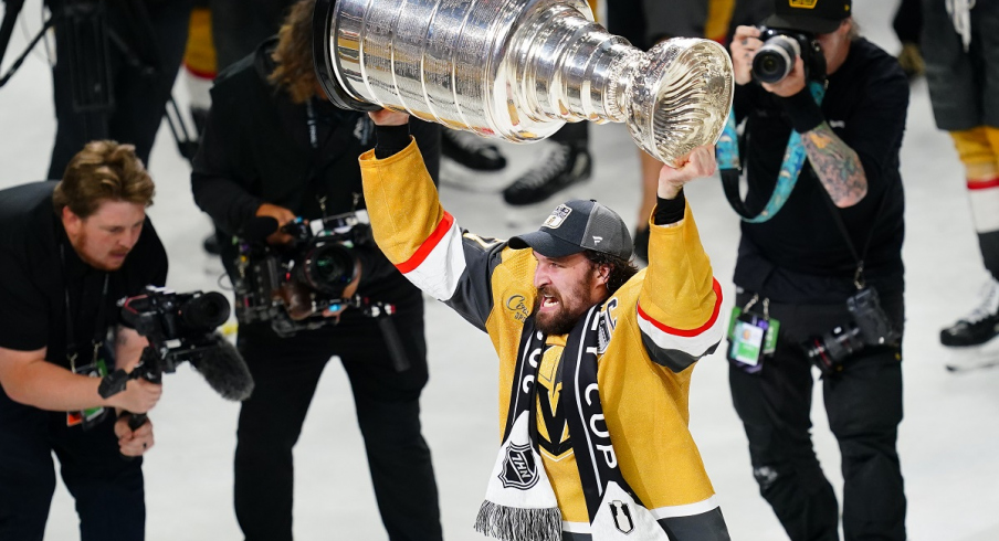 Vegas Golden Knights captain Mark Stone hoists the Stanley Cup