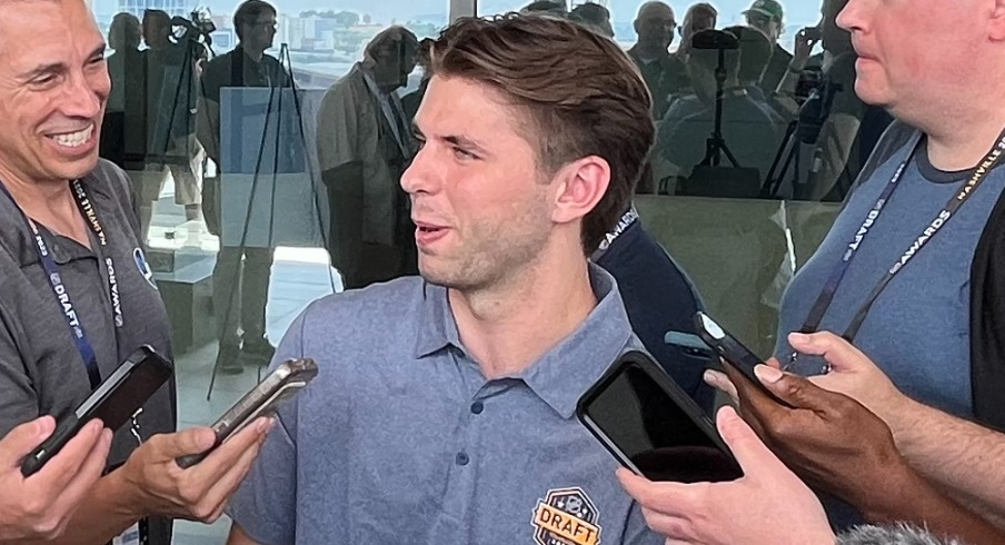 Adam Fantilli speaks to the media ahead of the NHL Draft.