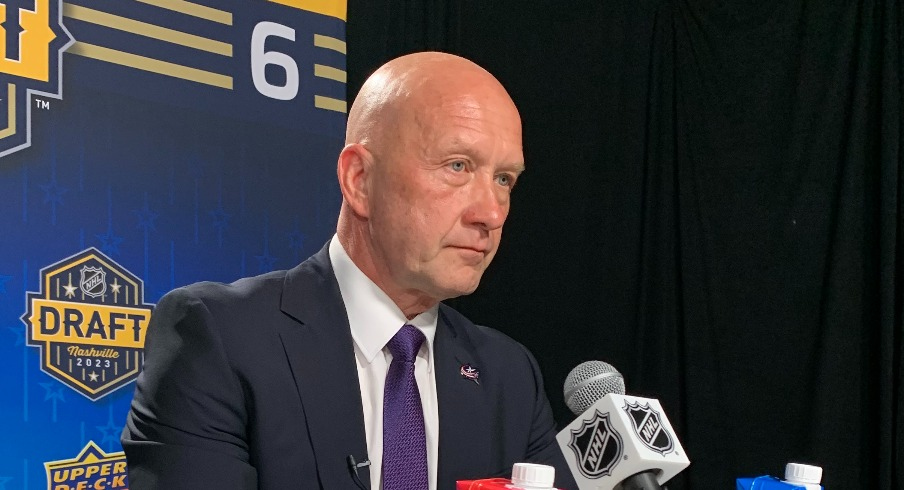 Jarmo Kekalainen speaks to the media after the first round of the 2023 NHL Draft.
