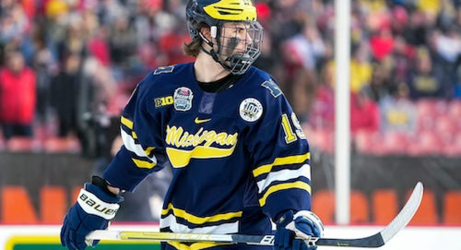 Michigan Wolverines forward Adam Fantilli (19) skates during the Faceoff on the Lake outdoor NCAA men s hockey game against the Ohio State Buckeyes at FirstEnergy Stadium.