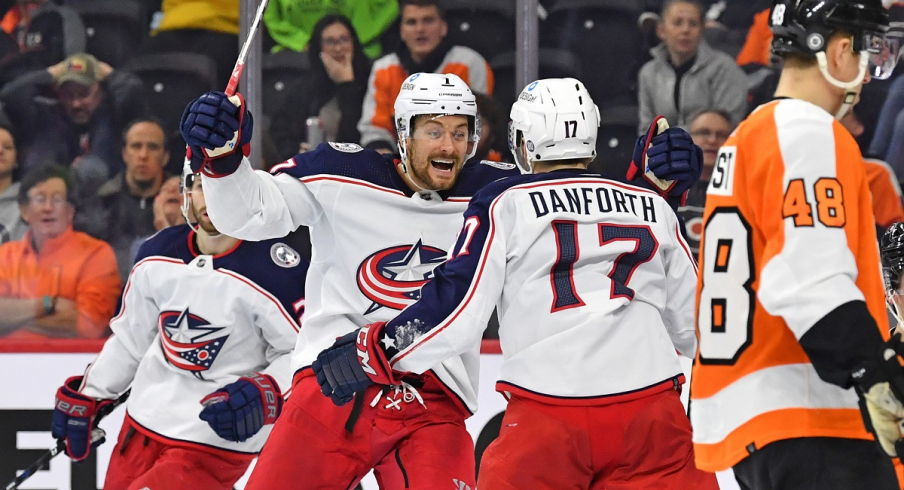 Justin Danforth celebrates his goal with center Sean Kuraly