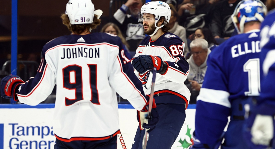 Kirill Marchenko is congratulated by Kent Johnson after scoring a goal