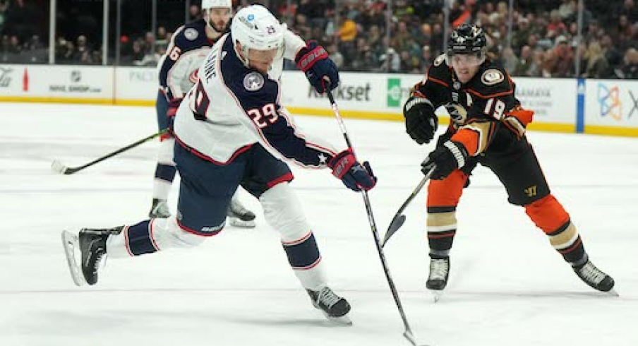 Columbus Blue Jackets left wing Patrik Laine (29) shoots the puck against Anaheim Ducks right wing Troy Terry (19) in the third period at Honda Center.