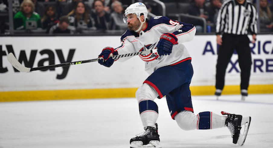 Columbus Blue Jackets defenseman Erik Gudbranson (44) shoots on goal against the Los Angeles Kings during the first period at Crypto.com Arena.