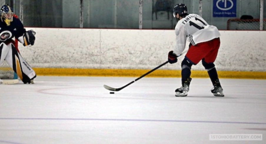 Adam Fantilli attempts to score a shootout goal at Columbus Blue Jackets development camp. 