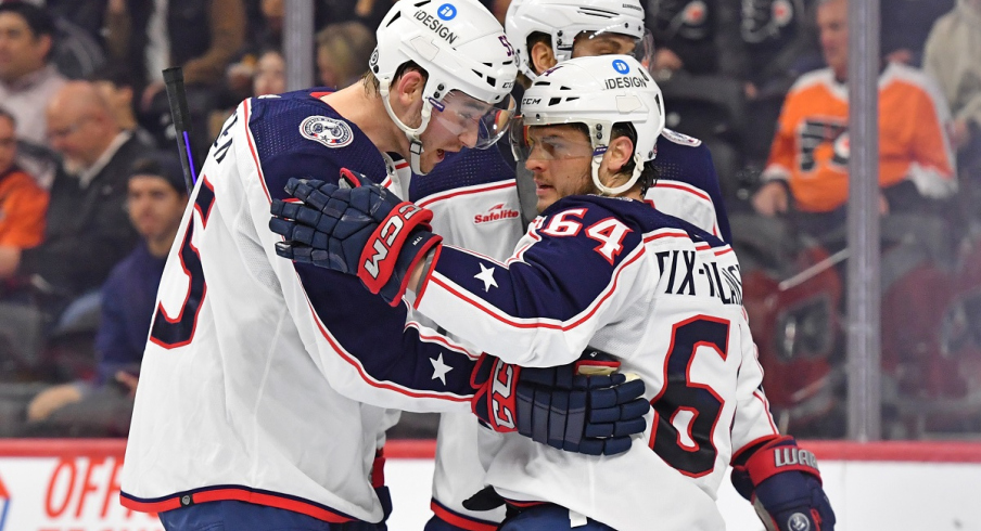 Trey Fix-Wolansky celebrates with David Jiricek against the Philadelphia Flyers