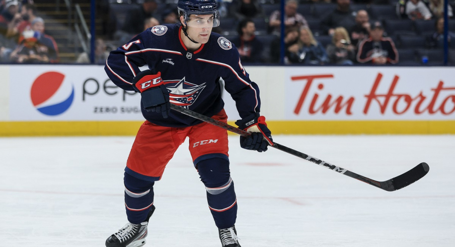 Columbus Blue Jackets defenseman Denton Mateychuk skates in the 2022 preseason