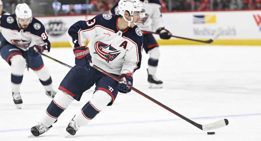 Columbus Blue Jackets' Johnny Gaudreau advances the puck against the Washington Capitals during the third period at Capital One Arena.