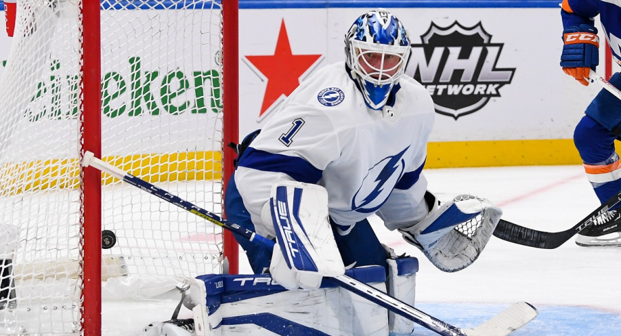 Tampa Bay Lightning goaltender Brian Elliott reacts to a shot