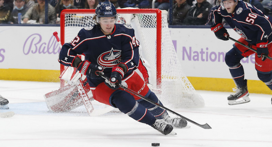 Columbus Blue Jackets' Alexandre Texier gains control of the puck on a rebound of a Washington Capitals' Ilya Samsonov save during the first period at Nationwide Arena.