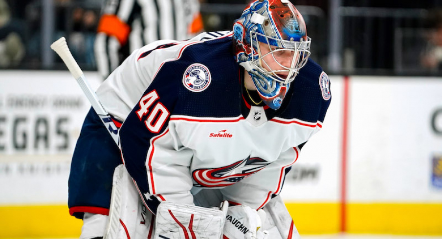 Columbus Blue Jackets' Daniil Tarasov plays during the second period against the Vegas Golden Knights at T-Mobile Arena.