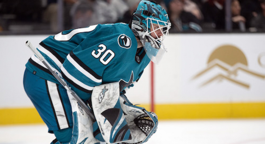 San Jose Sharks goaltender Aaron Dell (30) awaits the resumption of play against the Pittsburgh Penguins during the third period at SAP Center at San Jose.