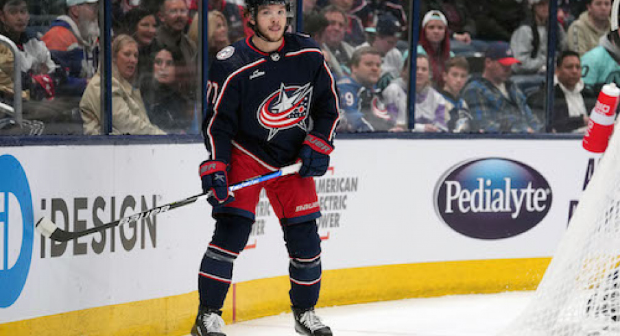 Columbus Blue Jackets defenseman Nick Blankenburg (77) looks on during the first period against the Seattle Kraken at Nationwide Arena.