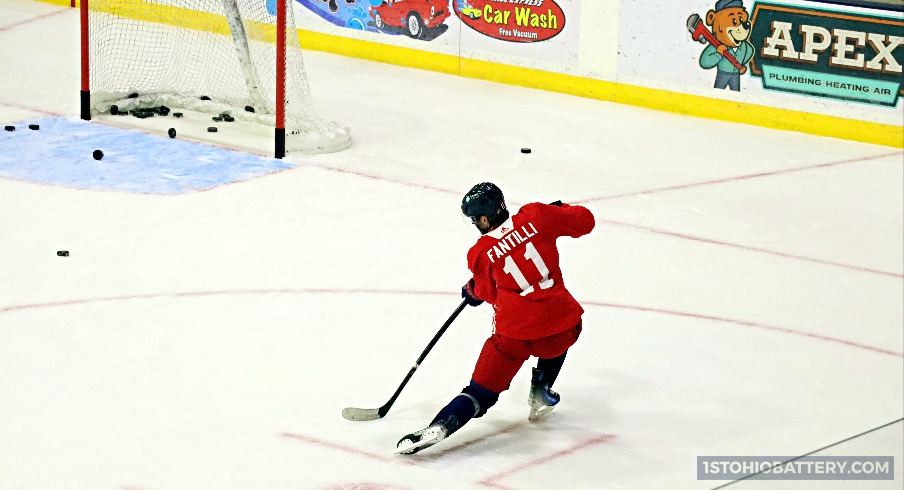 Columbus Blue Jackets forward Adam Fantilli takes a one-timer at practice ahead of the team's trip to Traverse City for the NHL Prospects Tournament.