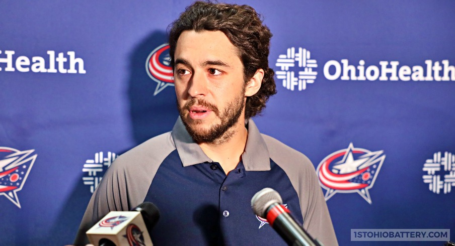 Columbus Blue Jackets forward Johnny Gaudreau speaks to the media at Nationwide Arena.