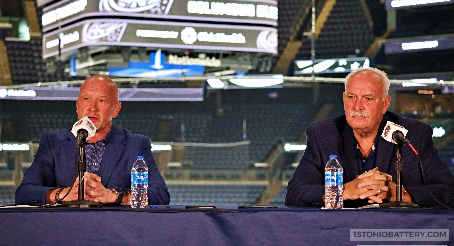 Columbus Blue Jackets president of hockey operations John Davidson and general manager Jarmo Kekalainen address the media at the team's annual media luncheon.