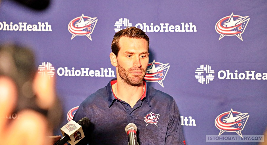 Boone Jenner addresses the media at the Columbus Blue Jackets' annual media luncheon.