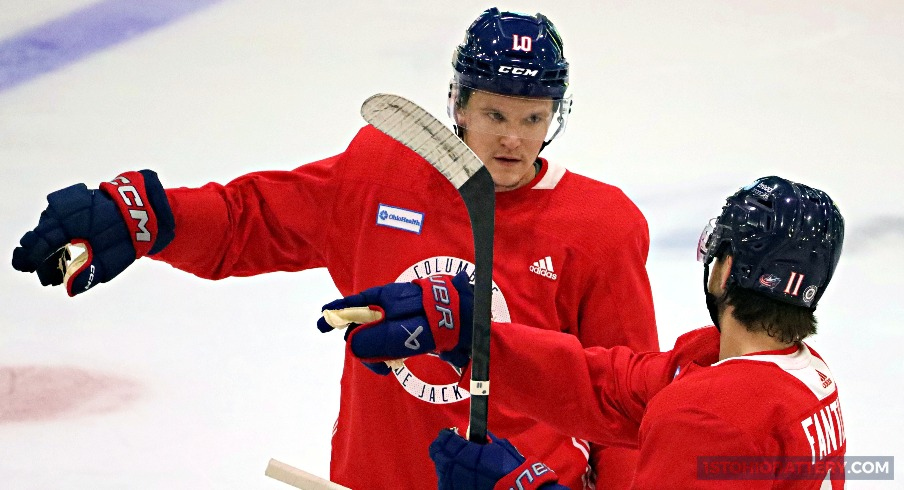 Dmitri Voronkov and Adam Fantilli on the first day of practice at Nationwide Arena.