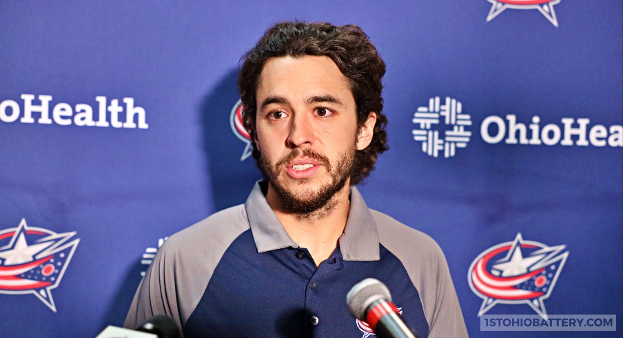 Johnny Gaudreau speaks to the media at the annual Columbus Blue Jackets media luncheon.