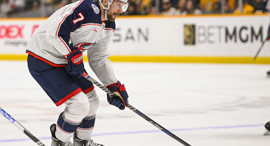 Columbus Blue Jackets center Sean Kuraly (7) skates against the Nashville Predators during the second period at Bridgestone Arena.