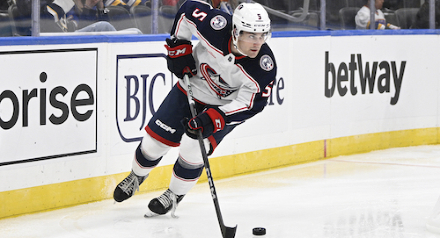 Columbus Blue Jackets defenseman Denton Mateychuk (5) skates against the St. Louis Blues during the second period at Enterprise Center.