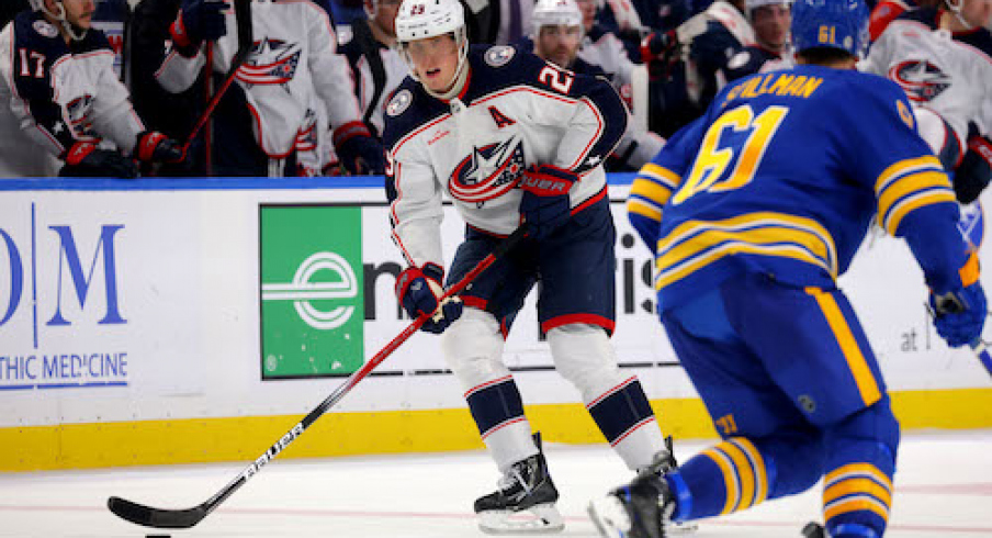 Columbus Blue Jackets right wing Patrik Laine (29) carries the puck up ice during the third period against the Buffalo Sabres at KeyBank Center.