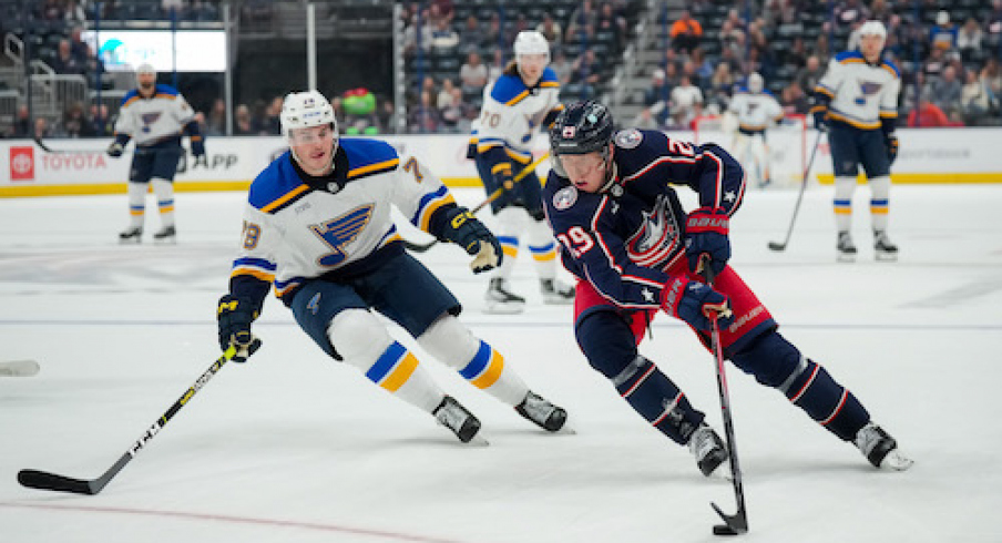 Columbus Blue Jackets right wing Patrik Laine (29) skates with the puck against St. Louis Blues left wing Sammy Blais (79) in the second period at Nationwide Arena.