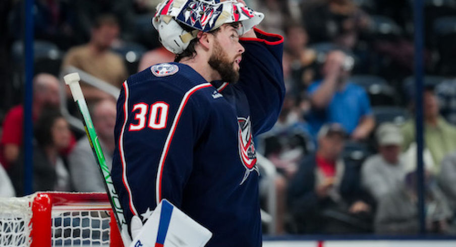 Columbus Blue Jackets goaltender Spencer Martin (30) reacts after allowing a goal against the Washington Capitals in the first period at Nationwide Arena.