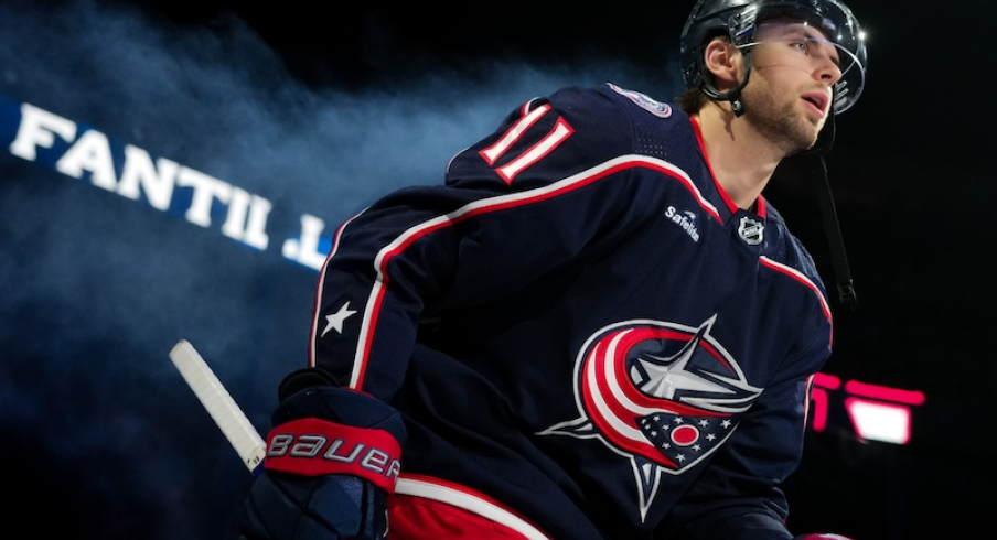 Columbus Blue Jackets' Adam Fantilli takes the ice during player introductions before a game against the Philadelphia Flyers at Nationwide Arena.