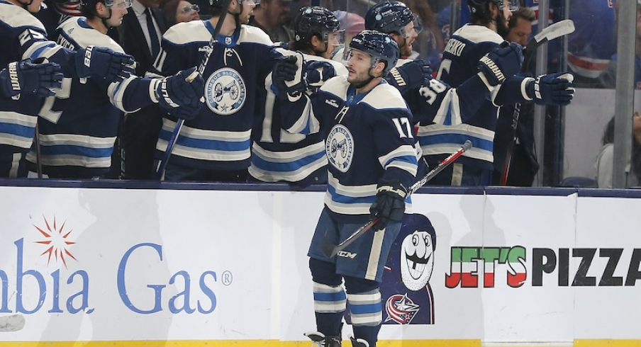 Columbus Blue Jackets' Justin Danforth celebrates his goal against the New York Rangers during the third period at Nationwide Arena.