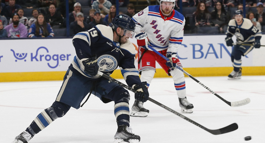  Liam Foudy on his backhand against the New York Rangers