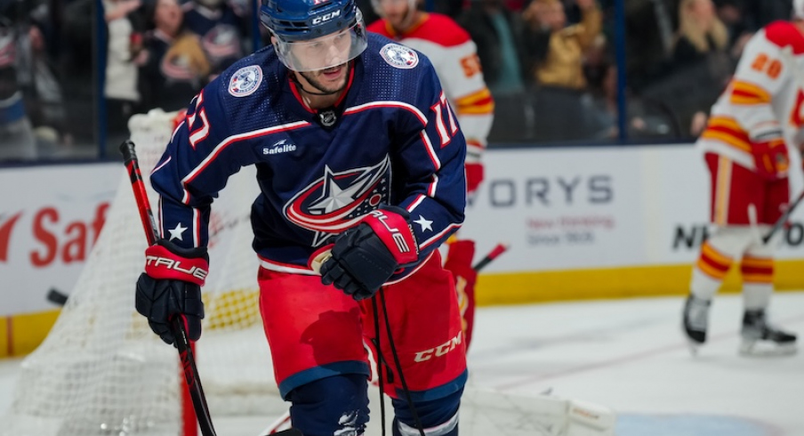 Columbus Blue Jackets' Justin Danforth celebrates after scoring a goal against the Calgary Flames in the third period at Nationwide Arena.