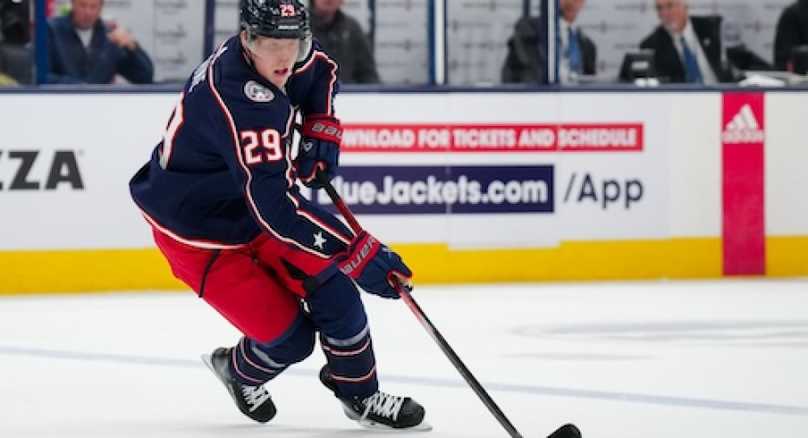 Columbus Blue Jackets right wing Patrik Laine (29) skates with the puck against the Philadelphia Flyers in the first period at Nationwide Arena.