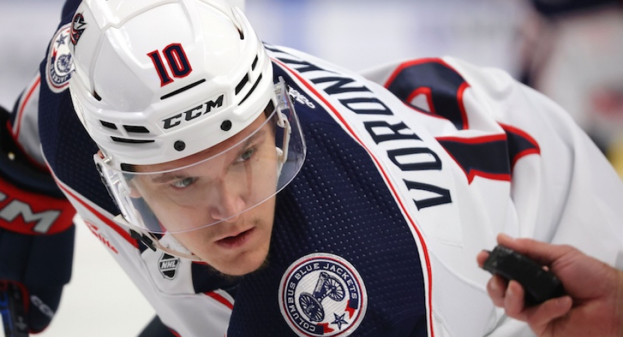 Columbus Blue Jackets' Dmitri Voronkov waits for the face-off during the first period against the Buffalo Sabres at KeyBank Center.